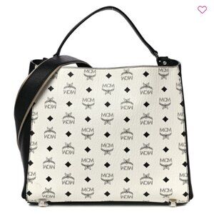 MCM Visetos White Black Leather Corina Tote Shoulder Crossbody Bag
